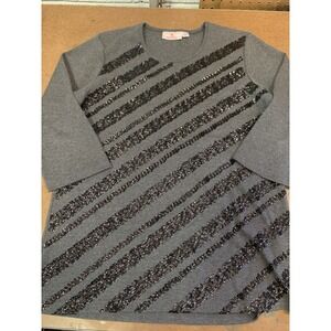 Women's S Quacker Factory Gray Black‎ Beaded Striped 3/4 Sleeve Blouse